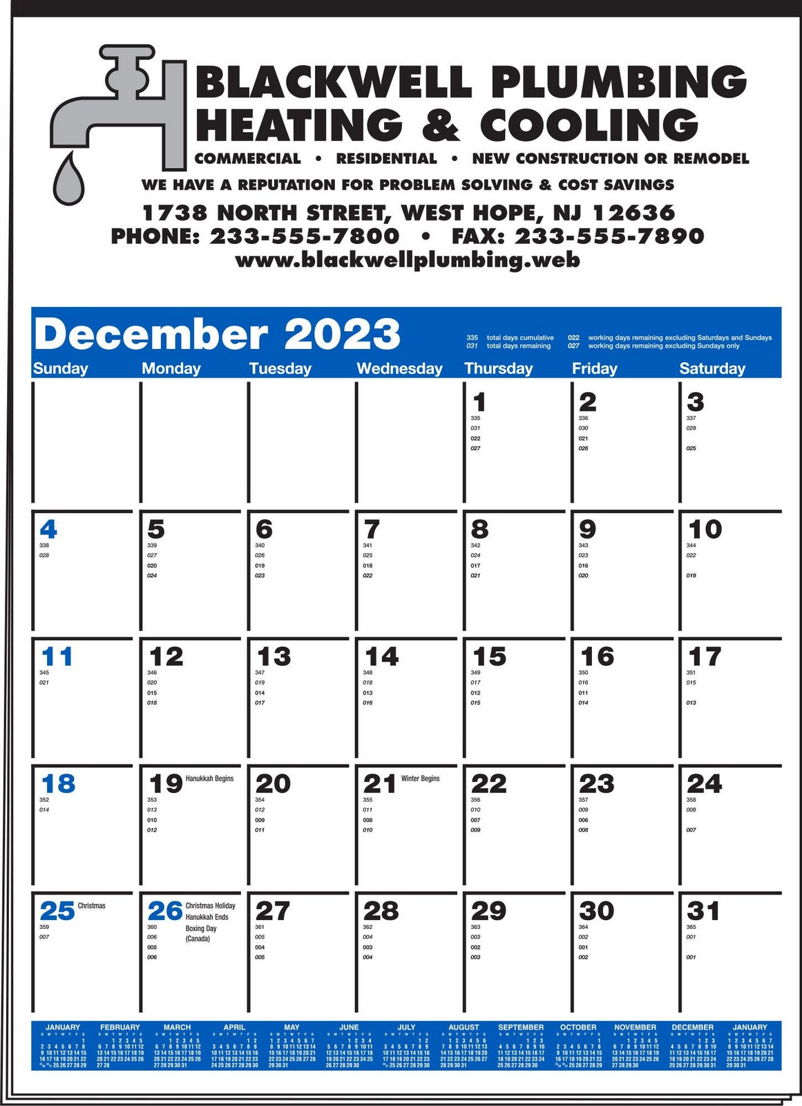 Large Contractor Calendar w Blue & Black Grid, 19.5x27