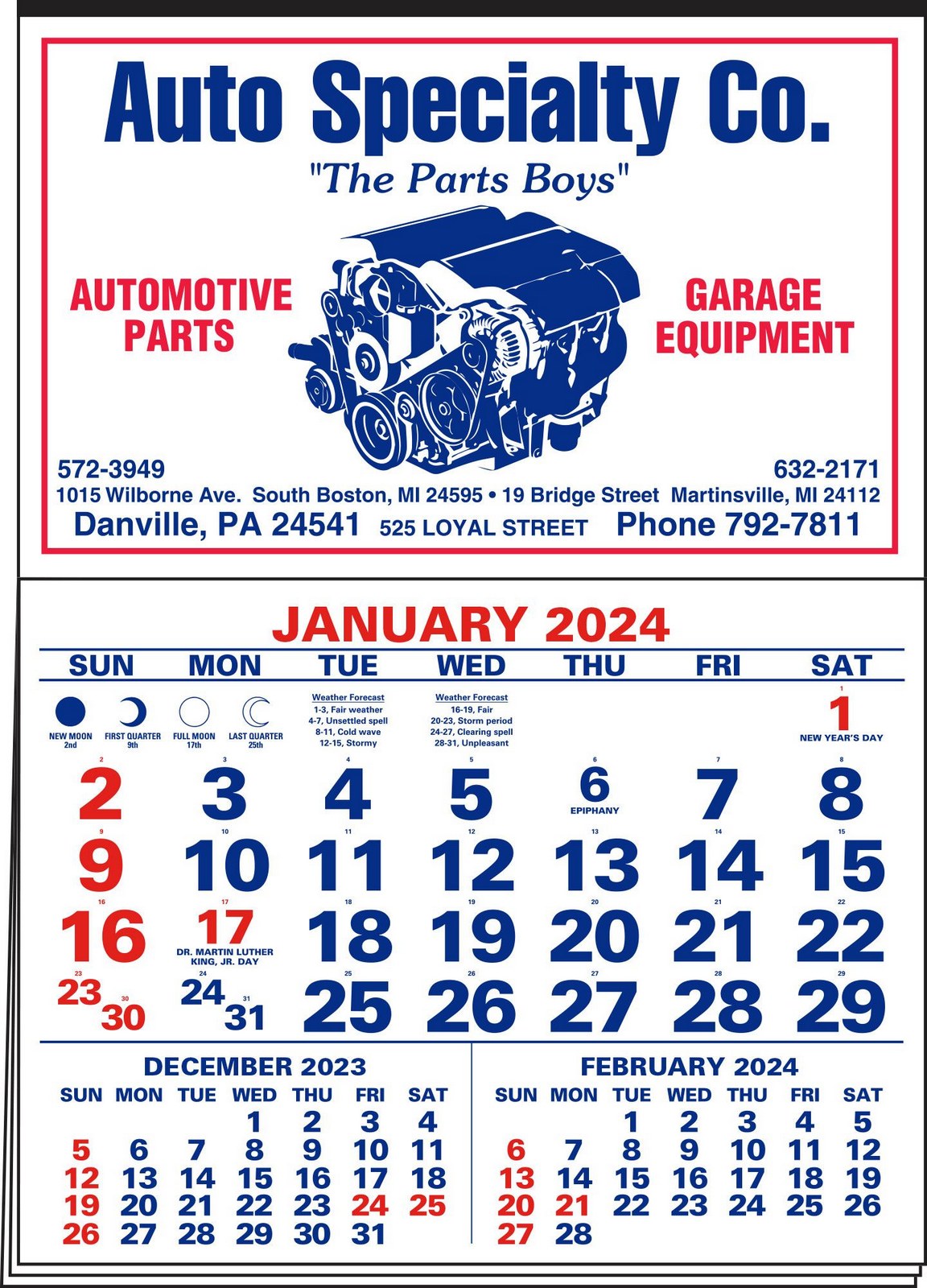3-Months-In-View Half Apron Calendar with 2-Color Red-Blue Imprint 20.5x28.5
