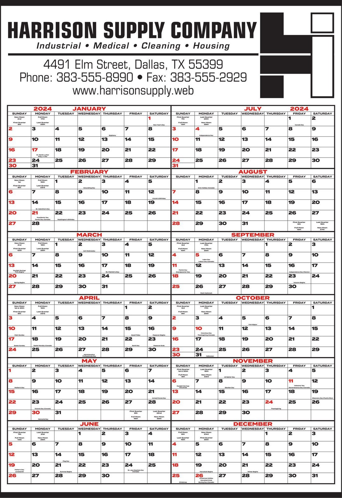 Mid Size Year In View Calendar 22x32 Black & Red Grid