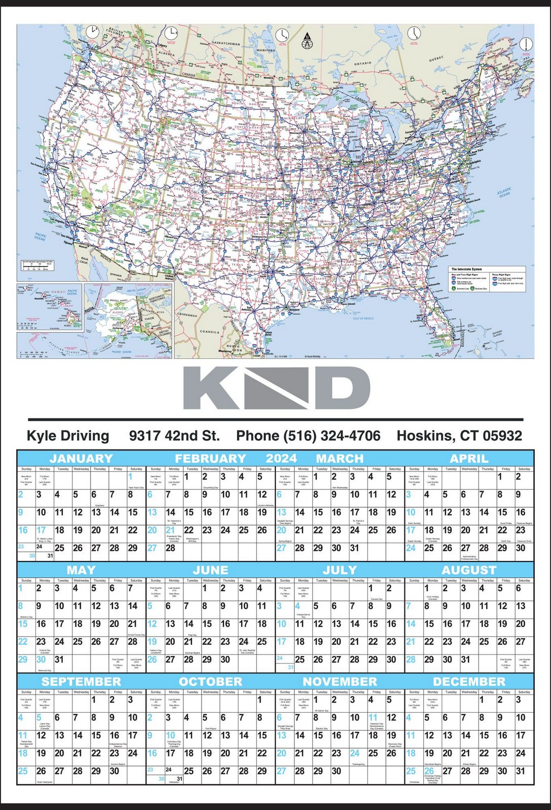 Year In View Calendar with U.S. Map 17x25