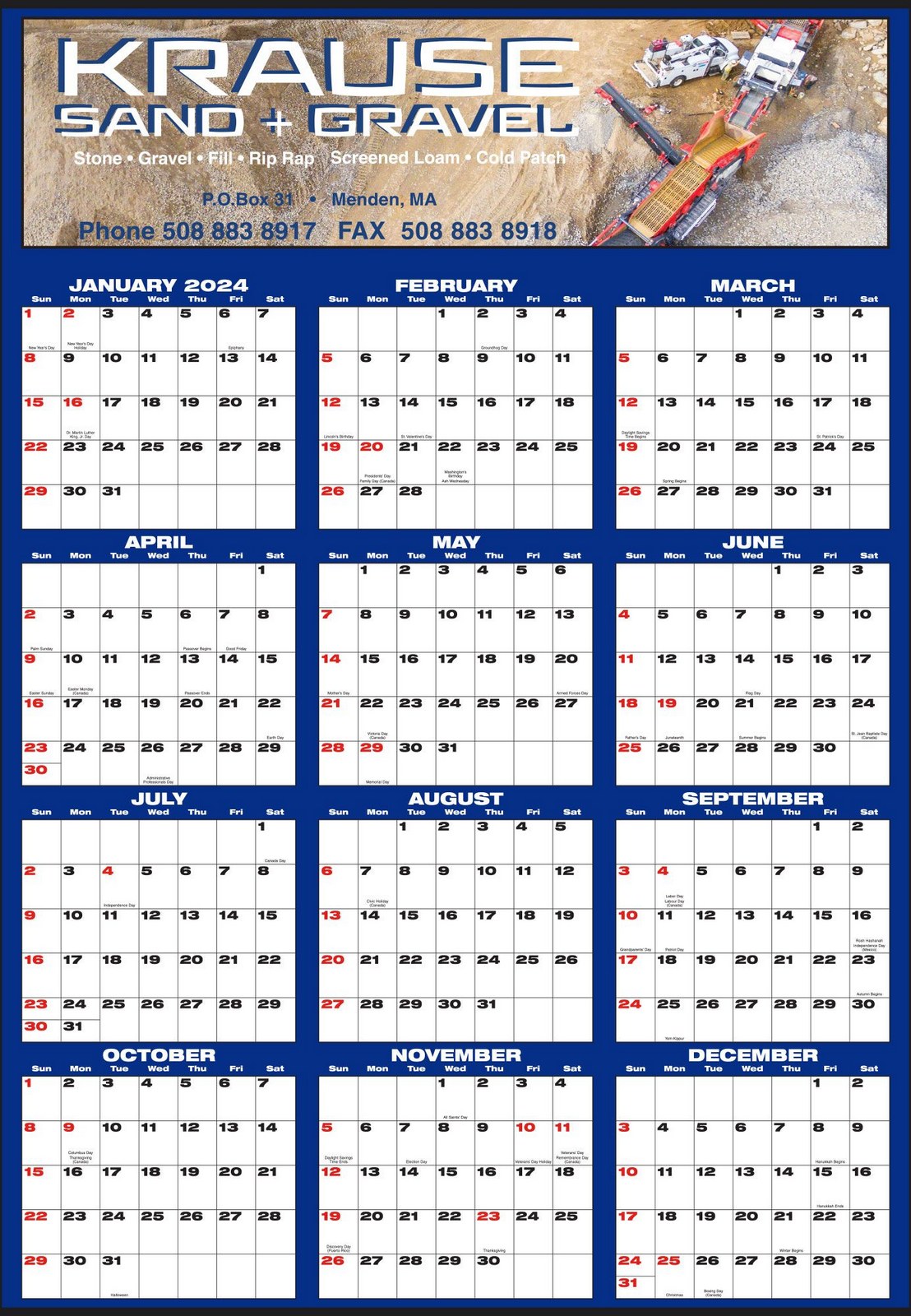 Large Custom Year-In-View Wall Calendar Full Color, 27x39, Tinned top and bottom