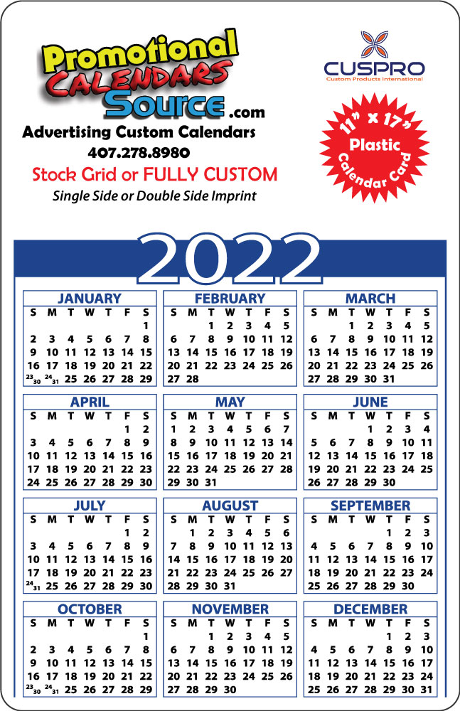 Laminated Plastic Calendar 11x17, Full Color Imprint 2-Sides, 30pt.