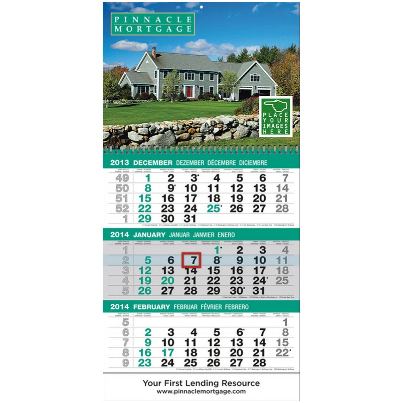 3-Month View Calendar 12x24.5, 2-Panels Construction, Tear Off Grid, B&W Drop Ad