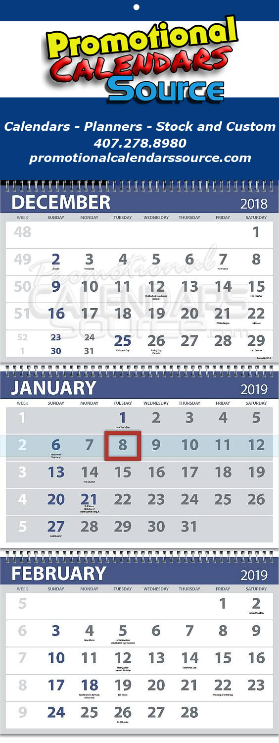 4 Panels 3-Month View Commercial Calendar Custom Grid Week Numbers 13x34
