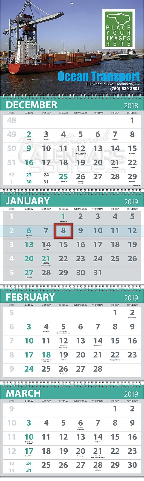4-Month View 5-Panel Custom Commercial Calendar 13x41-5/8