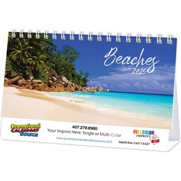 Scenic Beaches Tent Desk Calendar - 6 Sheets, Spiral Top, Full-Color Custom Imprint Option | Perfect Promotional Item for Businesses