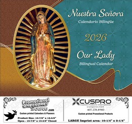 Our Lady Calendar (Bilingual Spanish-English) Catholic Calendar with Funeral Preplanning insert option