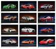 Desk tent calendar JC-706 featuring a heavy-duty black stand and showcasing all 12 monthly images of exotic sport cars, with customizable imprint areas for personalized promotional branding.