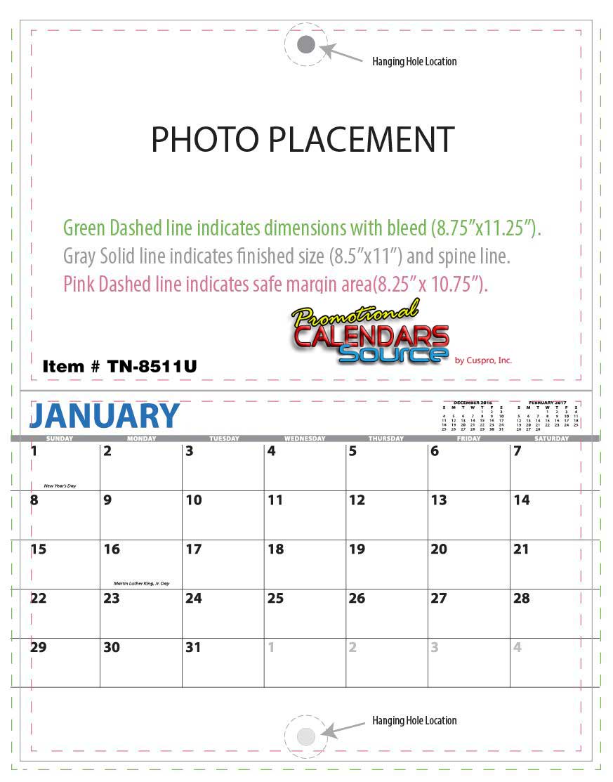13 Month Custom Mini Wall Calendar, Stapled, 8.5x11, Your Photos, Gloss